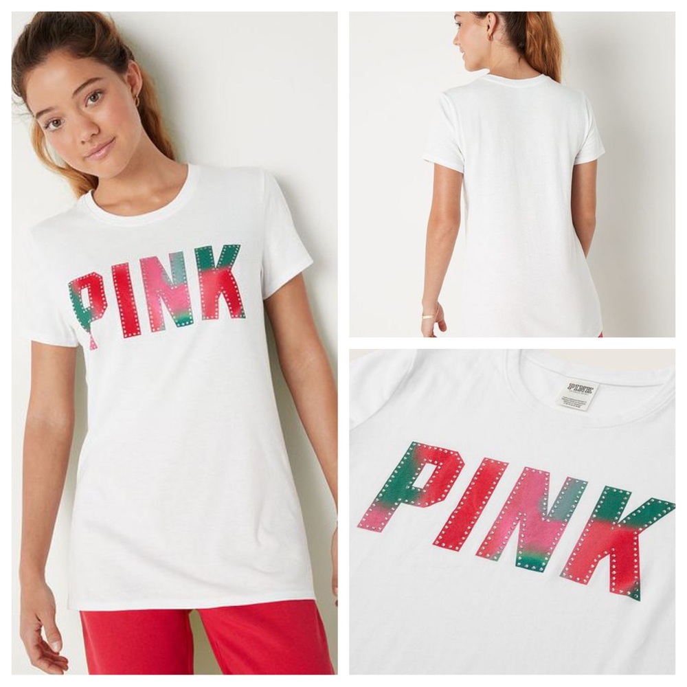 VS VICTORIAS SECRET PINK EVERYDAY CREW SHORT SLEEVE TEE TOP OPTIC WHITE SHINE M